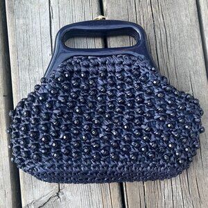 Vintage Navy Woven Handbag with Beaded Detail Top Handle 60s Mod Glam